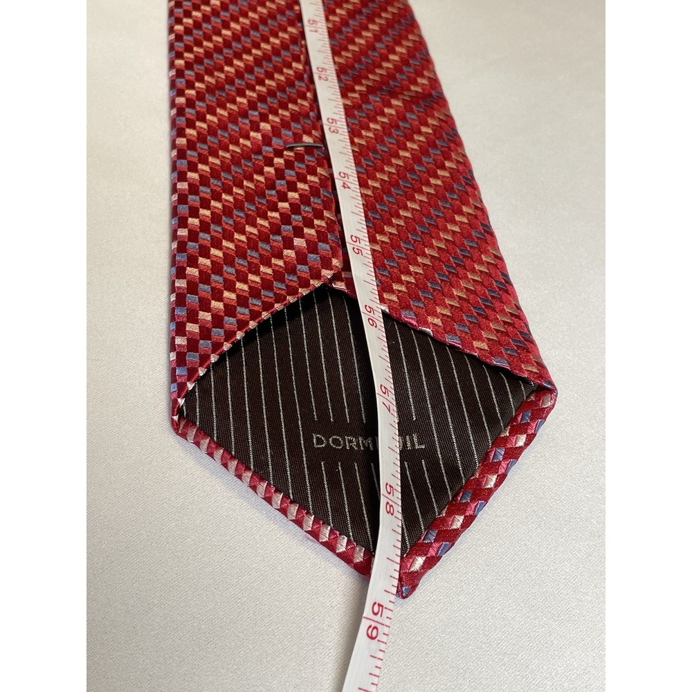DORMEUIL Paris Men's 100% Silk Tie‎ ~ Red & Blue Geometric ~ - Picture 6 of 7